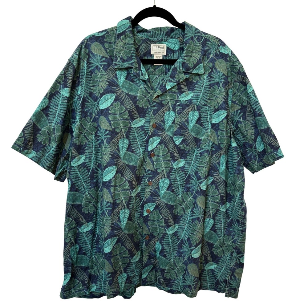 L.L. Bean Mens XXL Traditional Fit Tropical Leaf Cotton Camp Shirt Green Navy